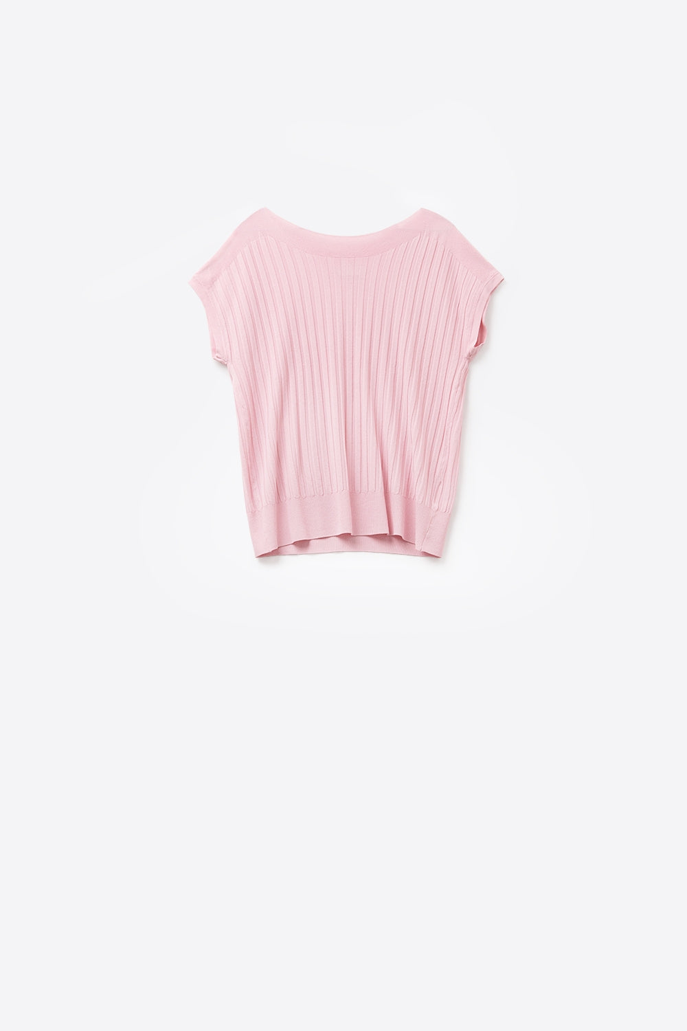Q2 Maglione a coste sottili rosa con scollo a barca
