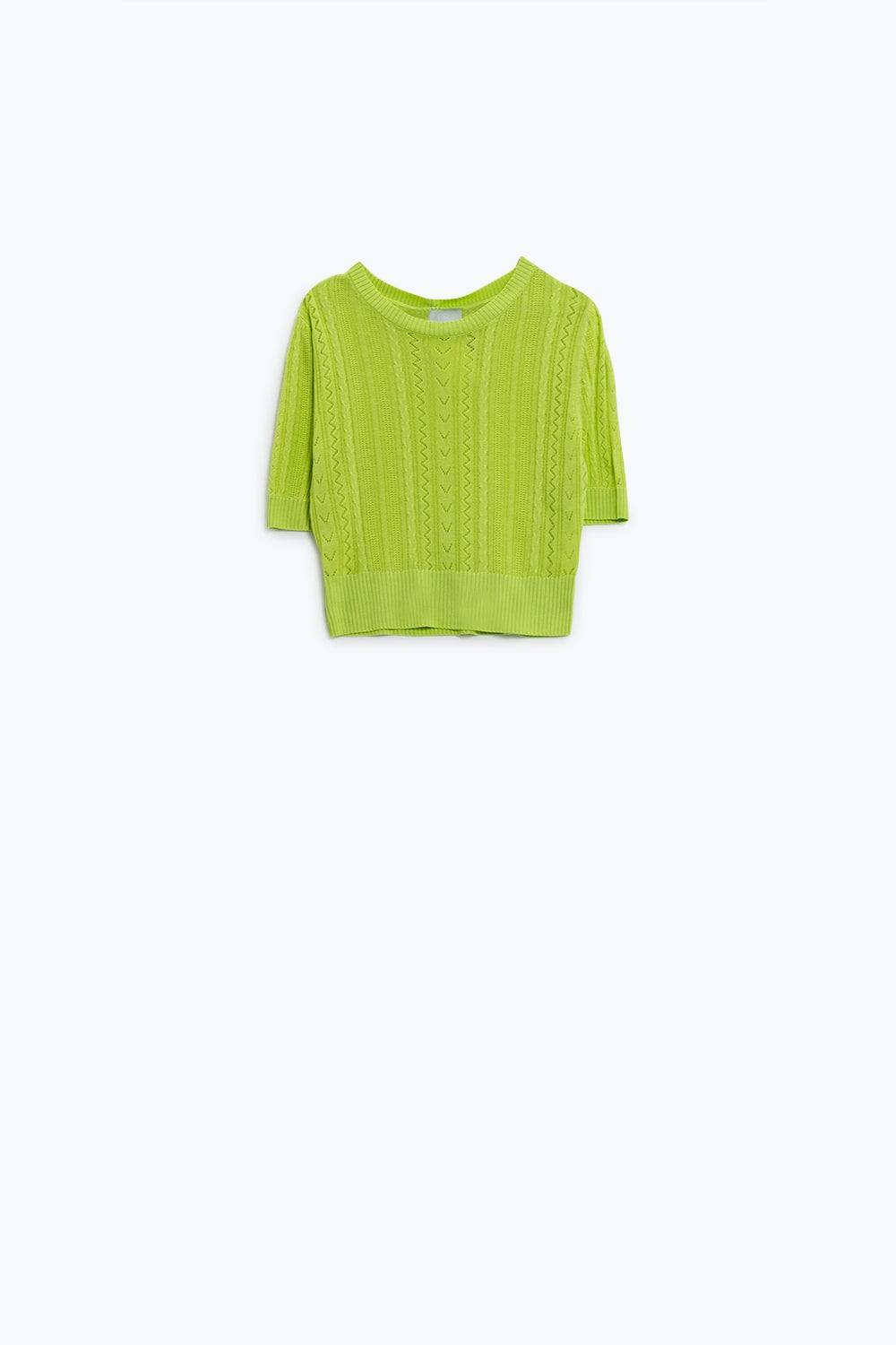 Q2 Maglione a maniche 3/4 in maglia verde con dettagli a righe zig zag