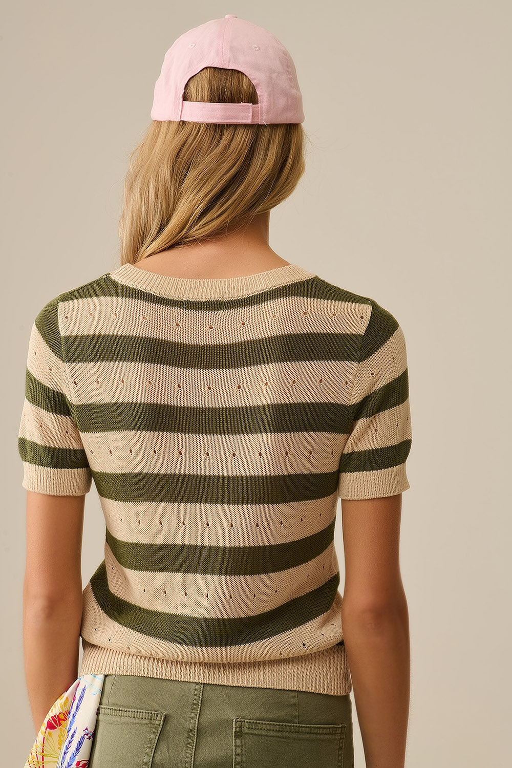 Maglione a maniche corte a righe in maglia a pois verde