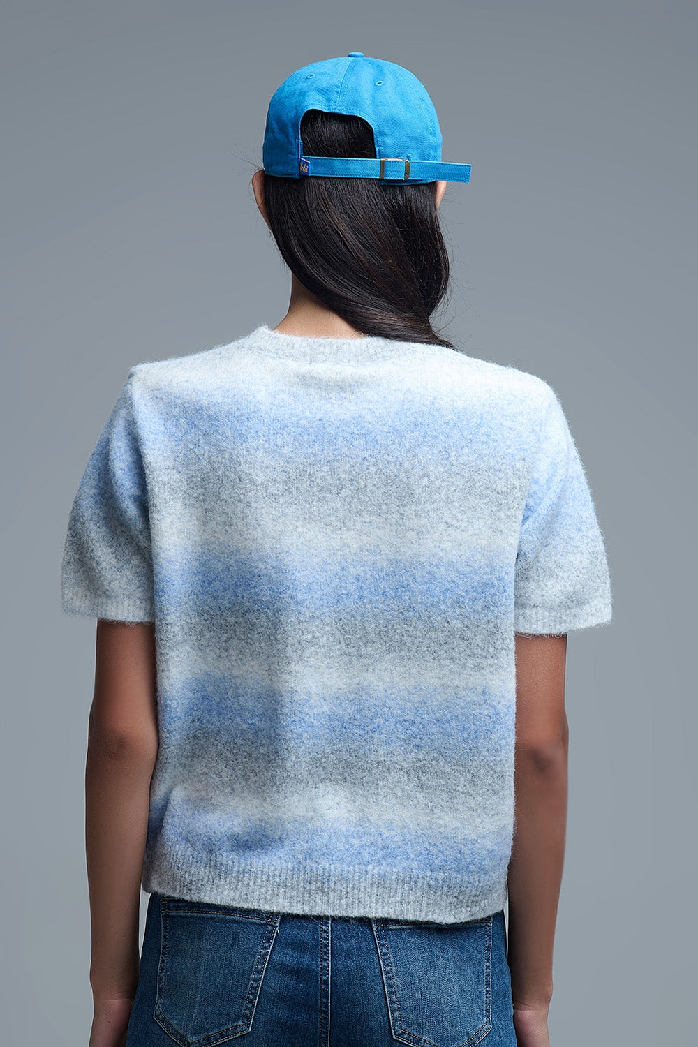 Maglione a maniche corte a righe ombré in blu