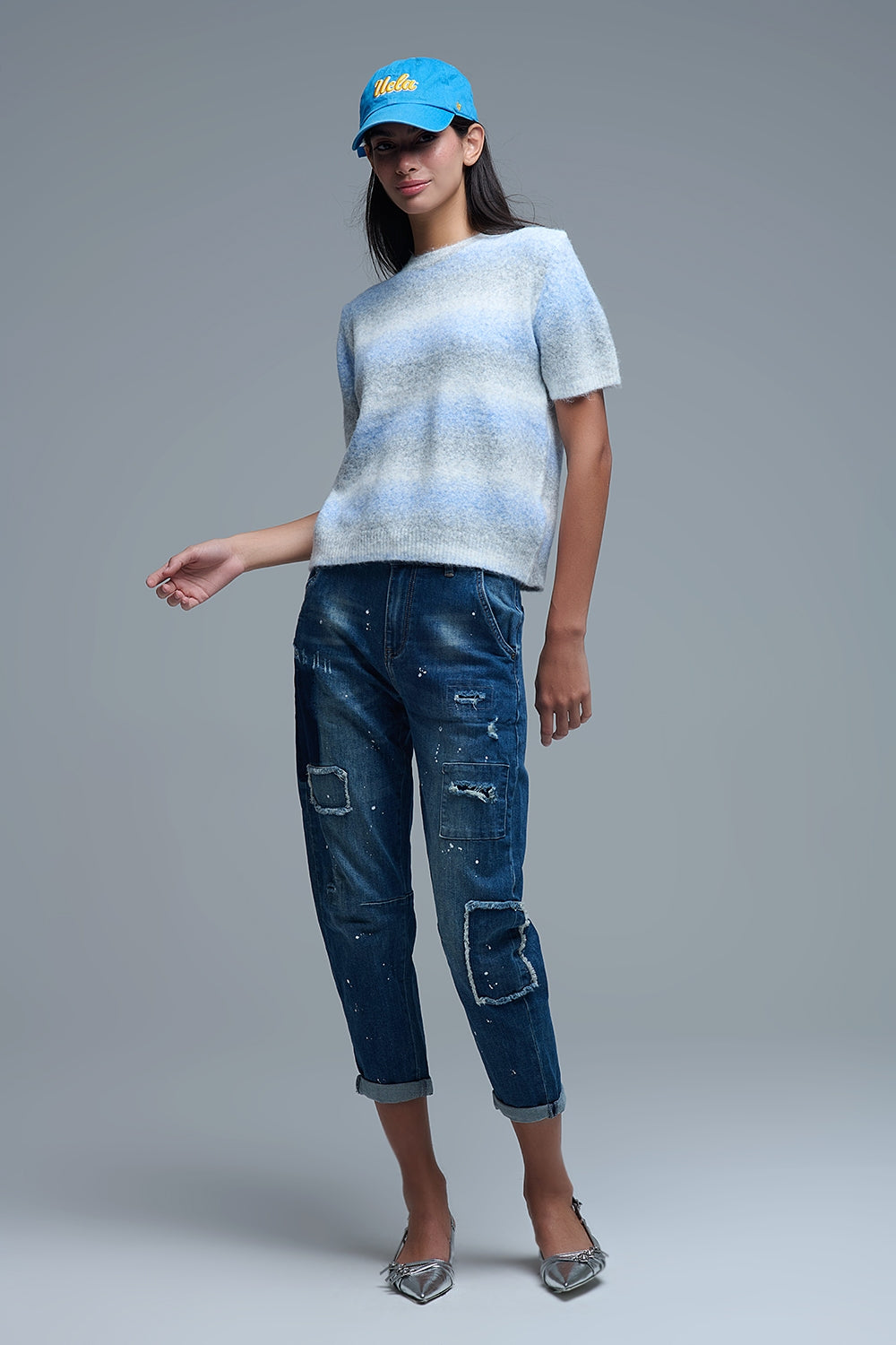Maglione a maniche corte a righe ombré in blu