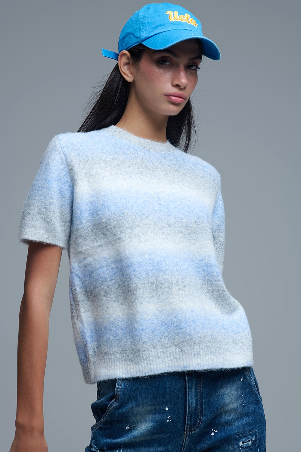 Maglione a maniche corte a righe ombré in blu