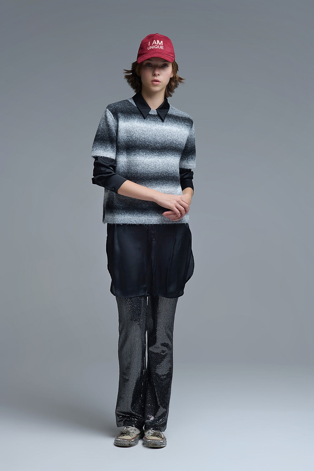 Maglione a maniche corte a righe ombré in grigio