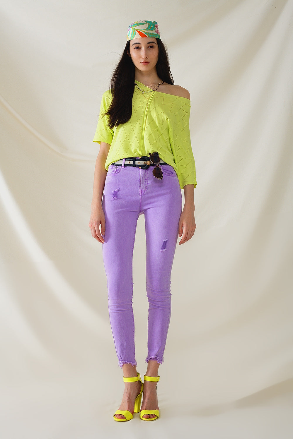 Maglione a maniche corte color lime con motivo argyle