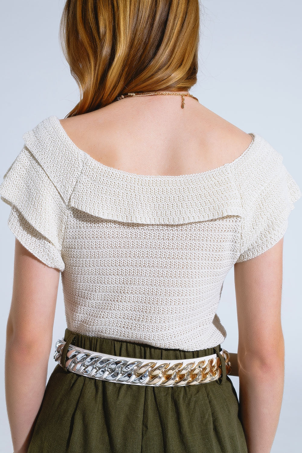 Maglione a maniche corte con scollo a barca color crema