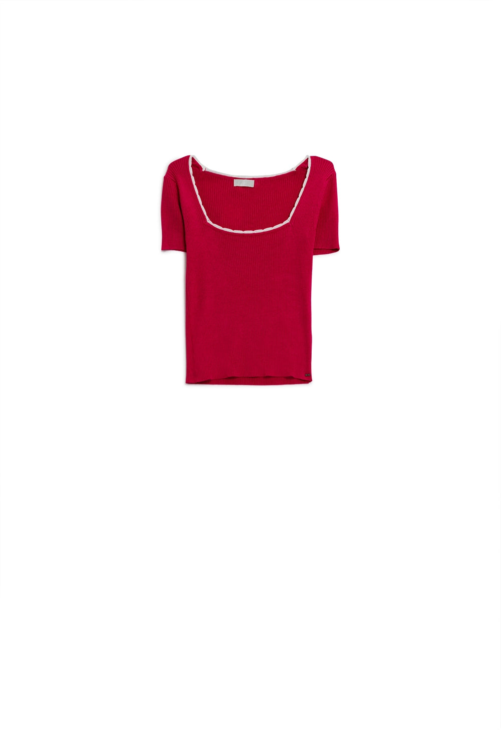 Maglione a maniche corte in maglia fucsia con scollo quadrato e rifiniture bianche