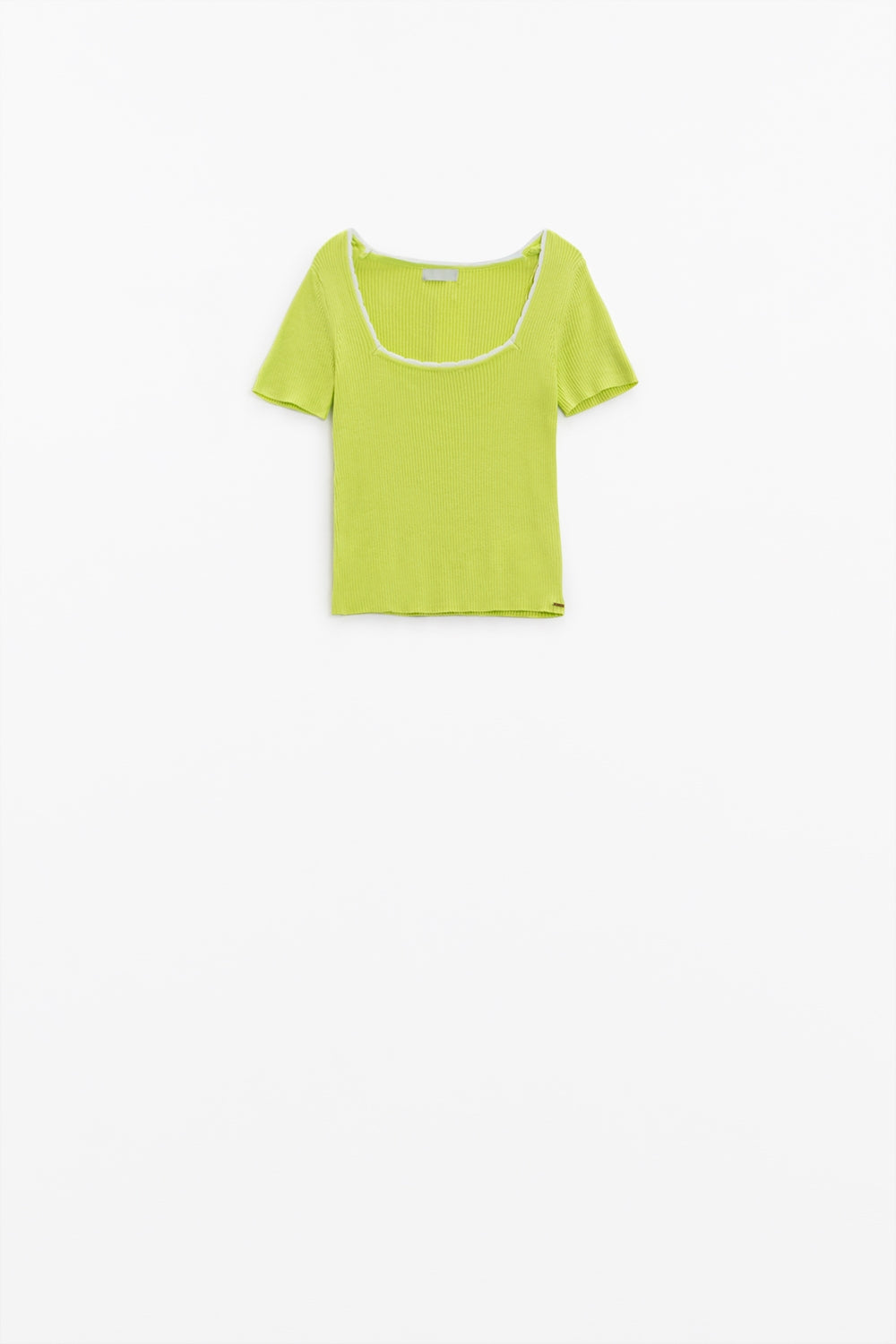 Maglione a maniche corte in maglia lime con collo quadrato e finiture bianche