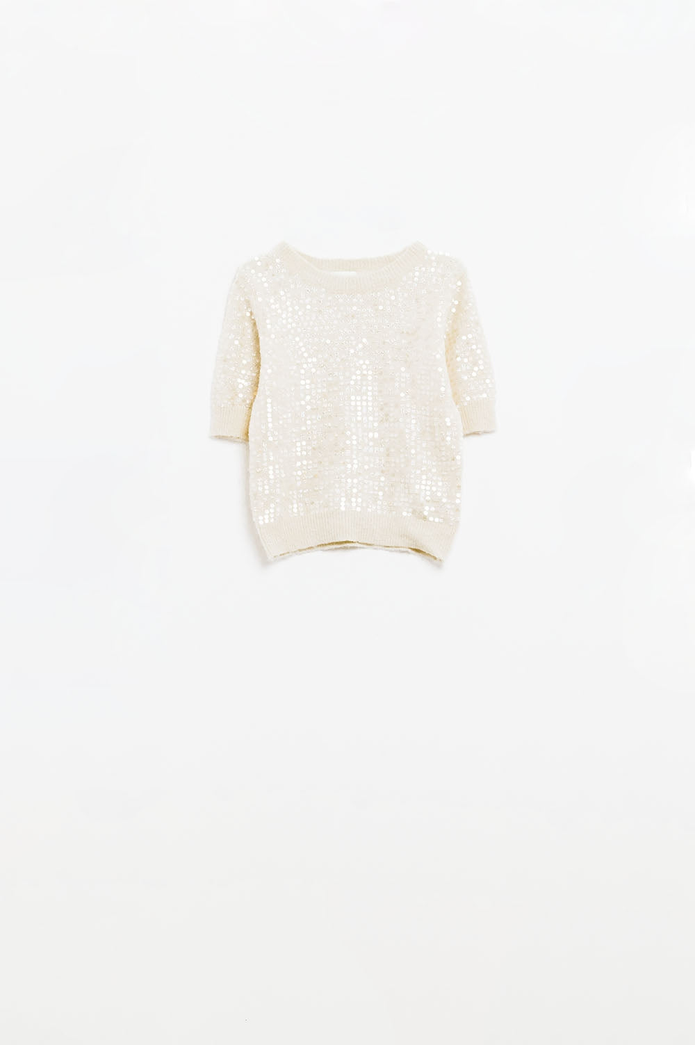 Maglione a maniche corte in paillettes color crema