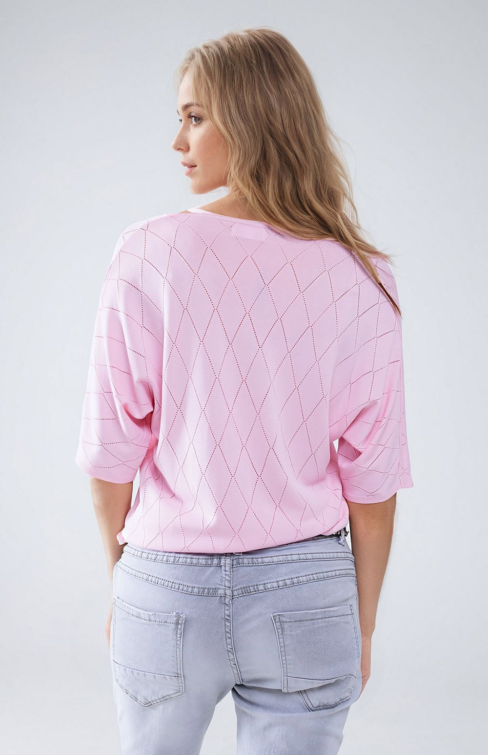 Maglione a maniche corte rosa chiaro con motivo argyle