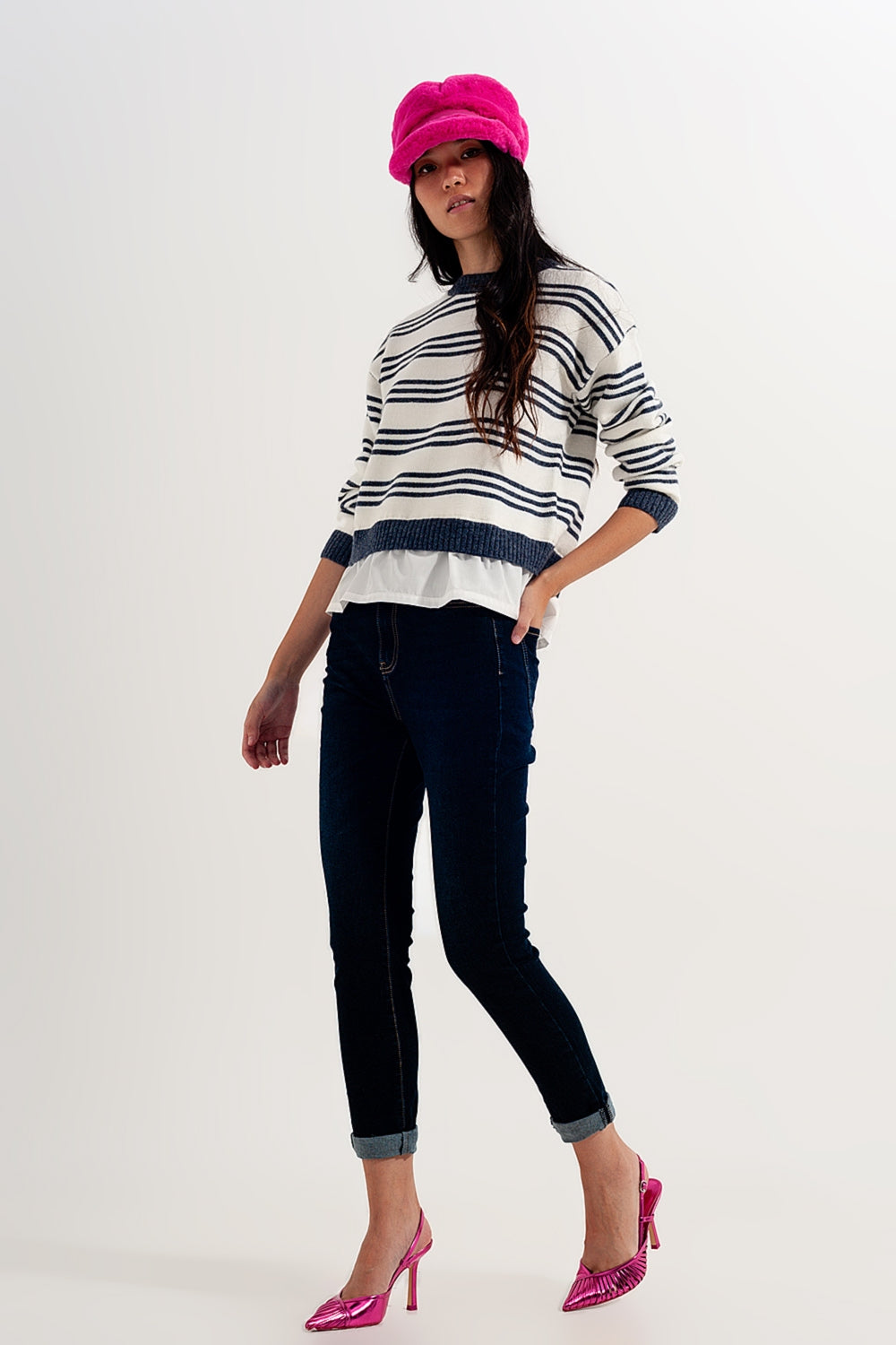 Maglione a maniche lunghe bianco a righe blu