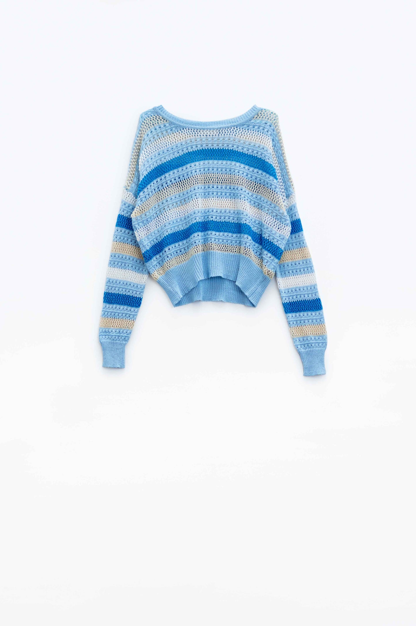 Maglione a maniche lunghe blu multicolore con collo a barca