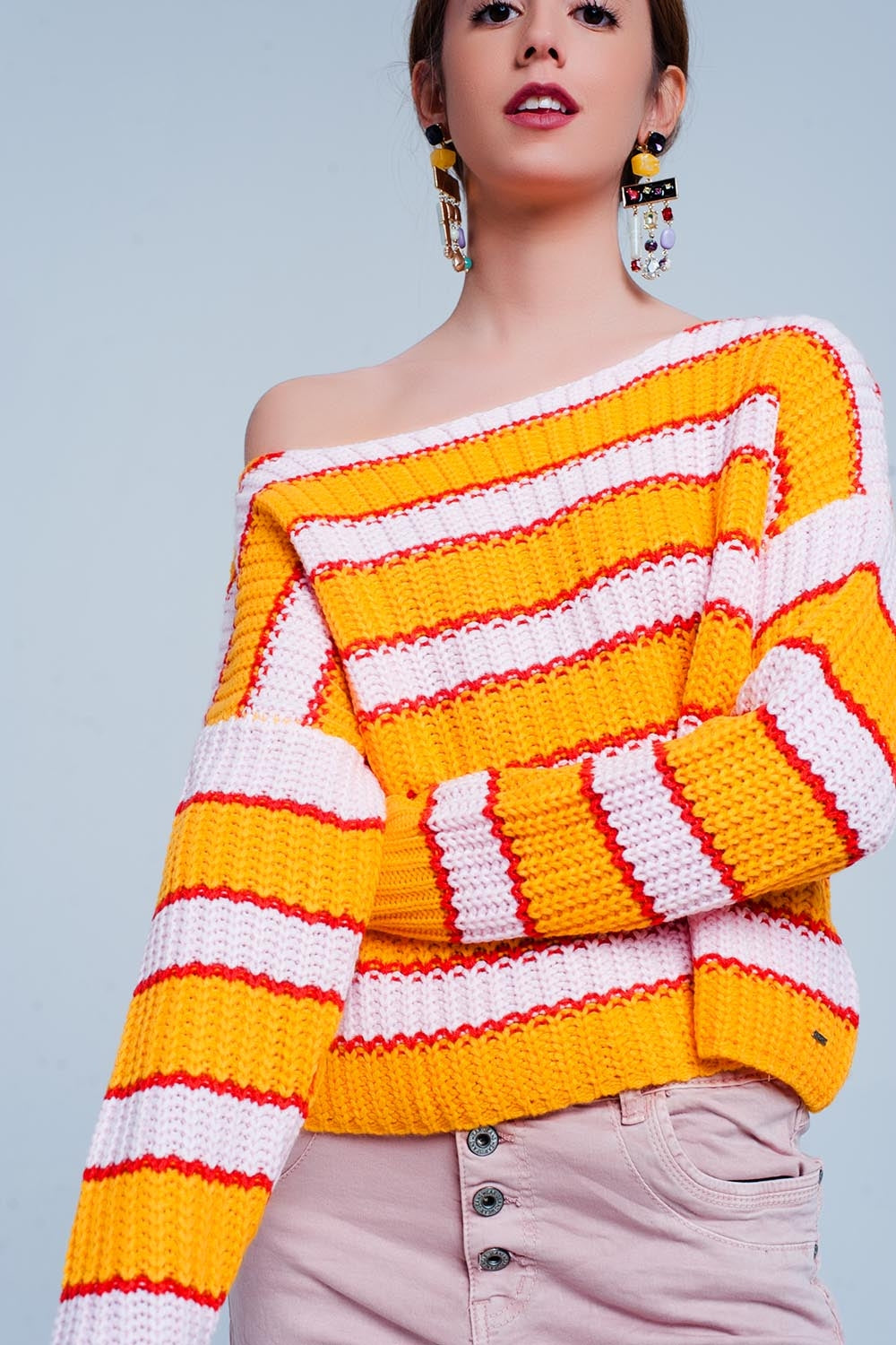 Maglione a righe colour block arancia e rosa