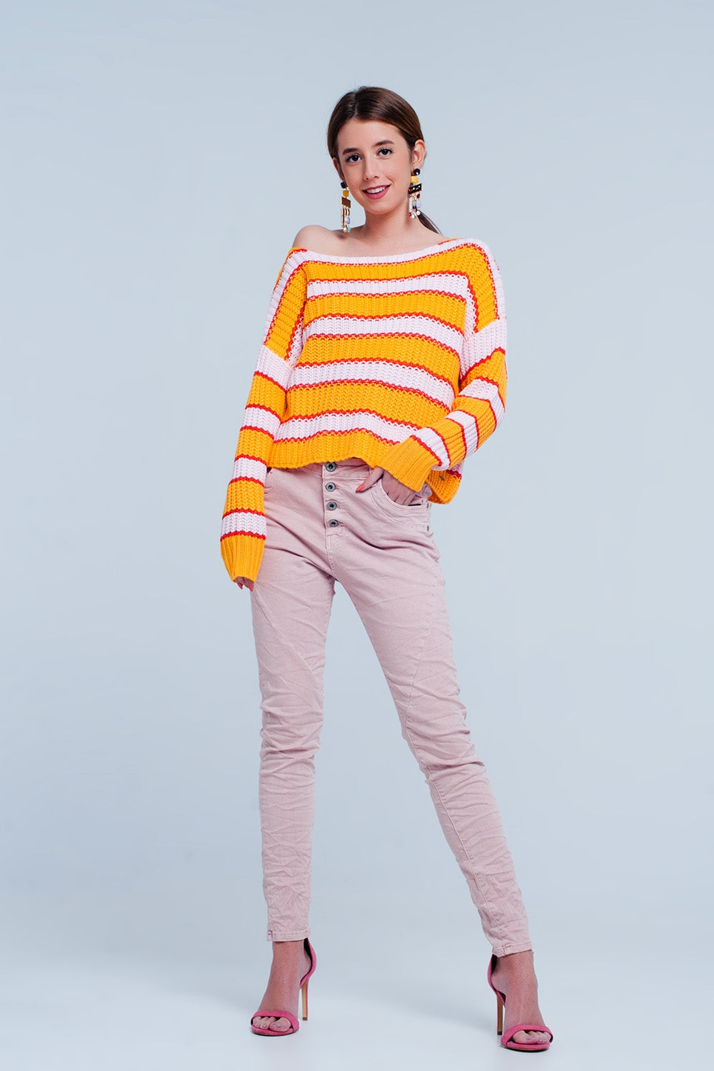 Maglione a righe colour block arancia e rosa