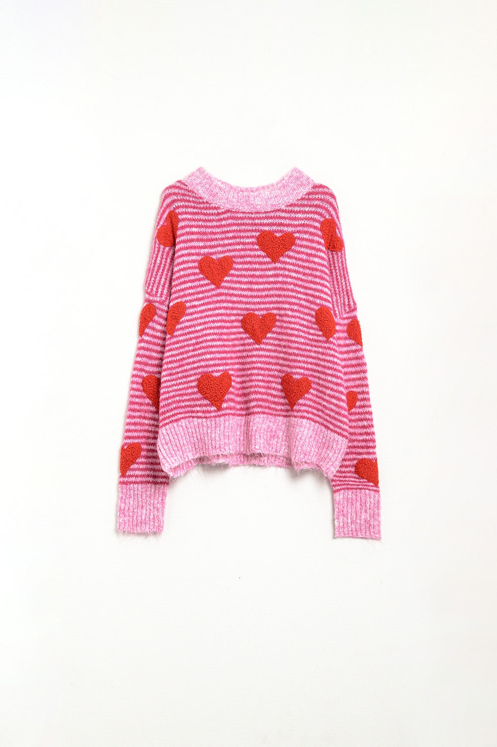 Maglione a righe rosa con cuori di colore rosso
