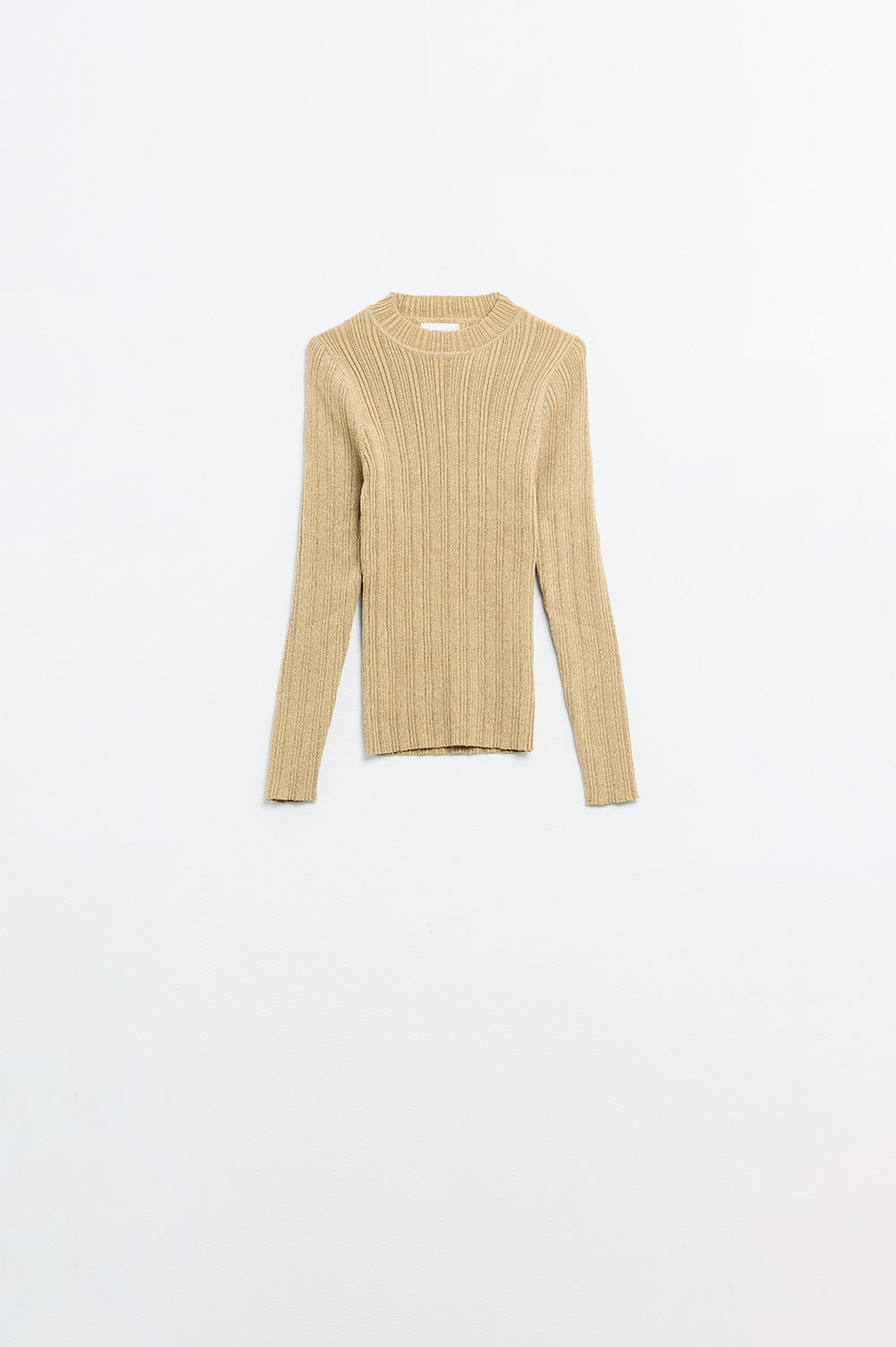 Q2 Maglione aderente a coste in beige con dettagli in filo d'argento