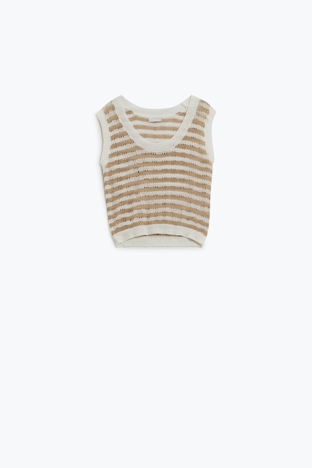 Q2 Maglione aperto a maglia cropped a righe senza maniche in marrone e bianco