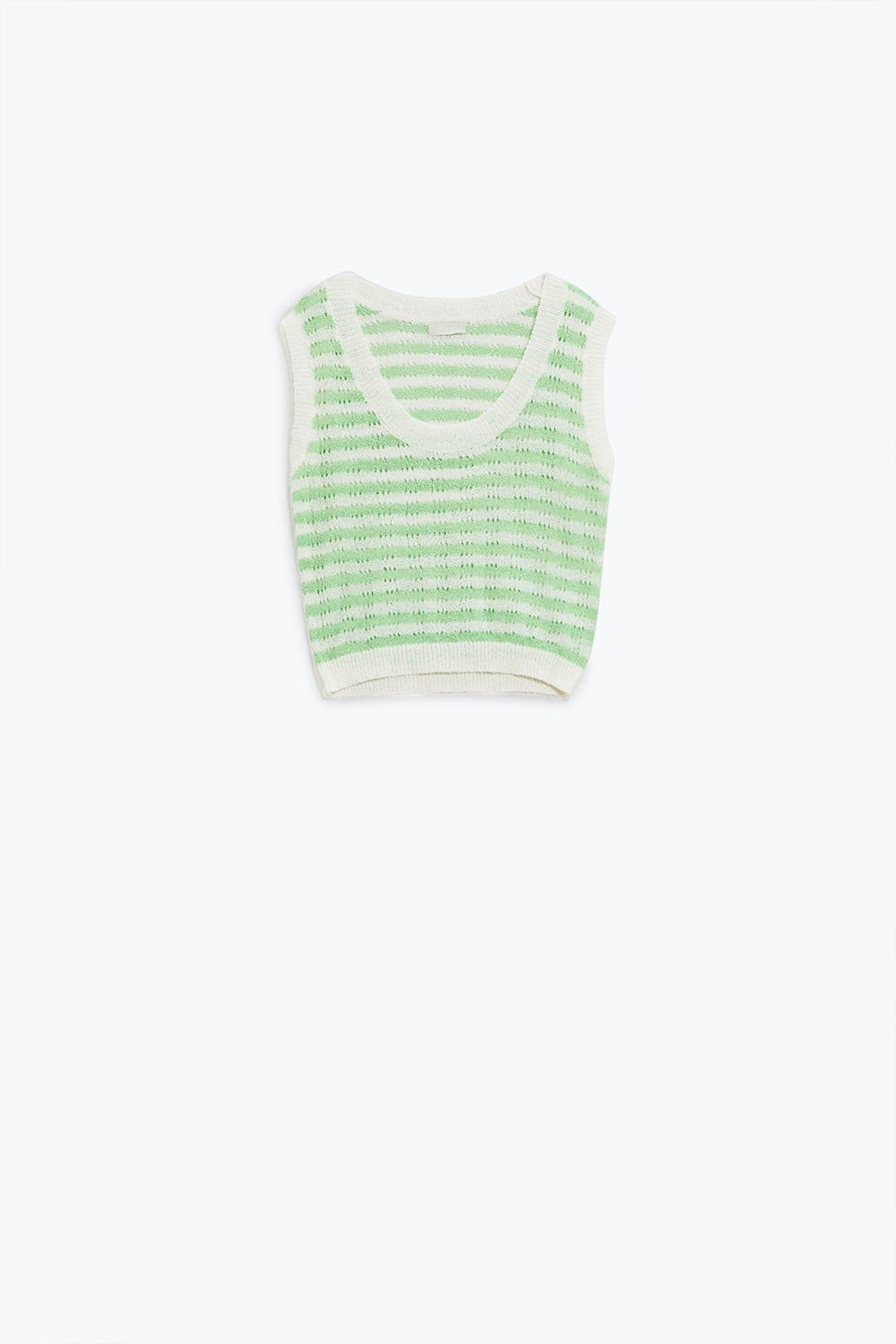 Q2 Maglione aperto a maglia cropped a righe senza maniche in verde e bianco