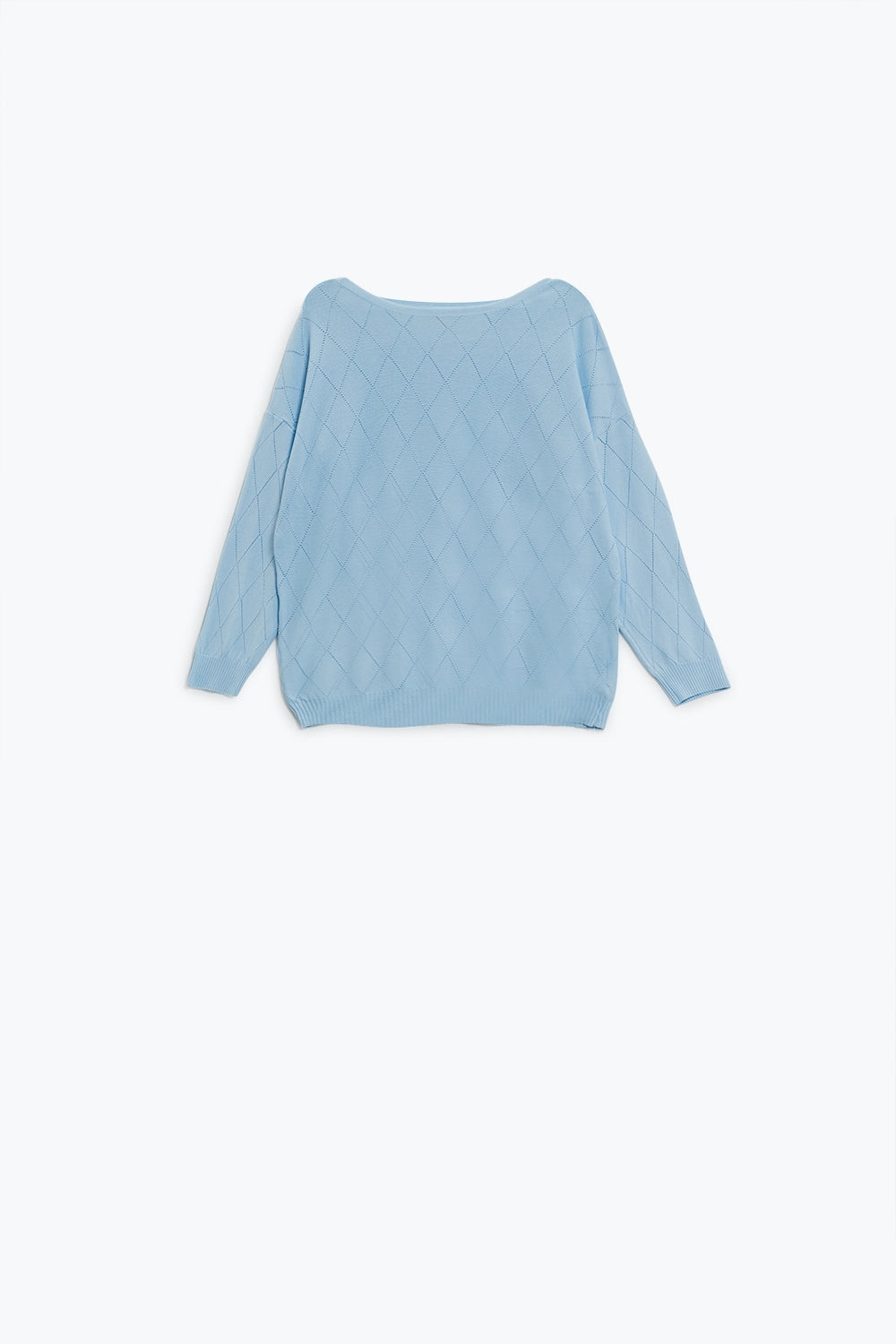 Q2 Maglione azzurro in stampa argyle con scollo a barca