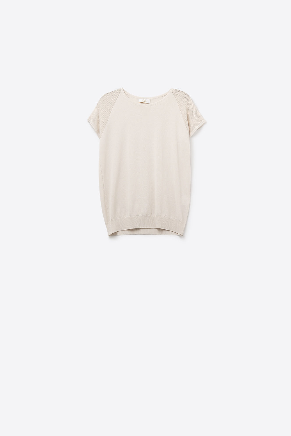 Maglione beige a maniche corte con maglia sulla spalla