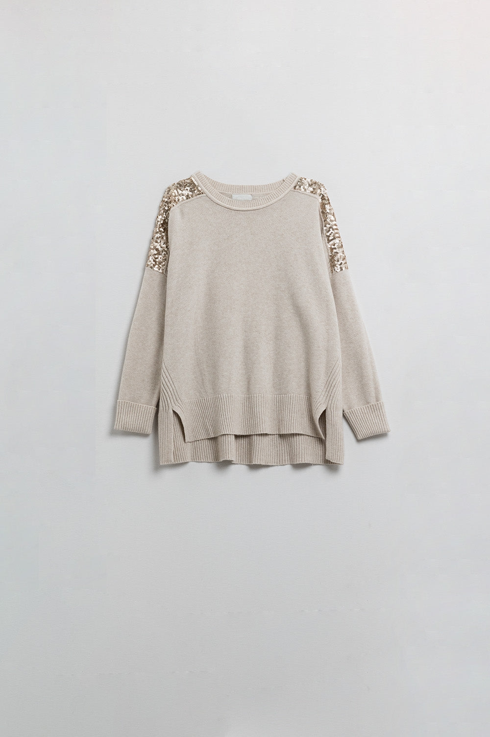 Q2 Maglione beige a maniche lunghe con paillettes sulle spalle