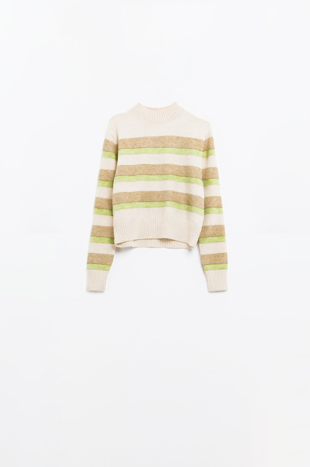maglione beige a righe verdi e cammello