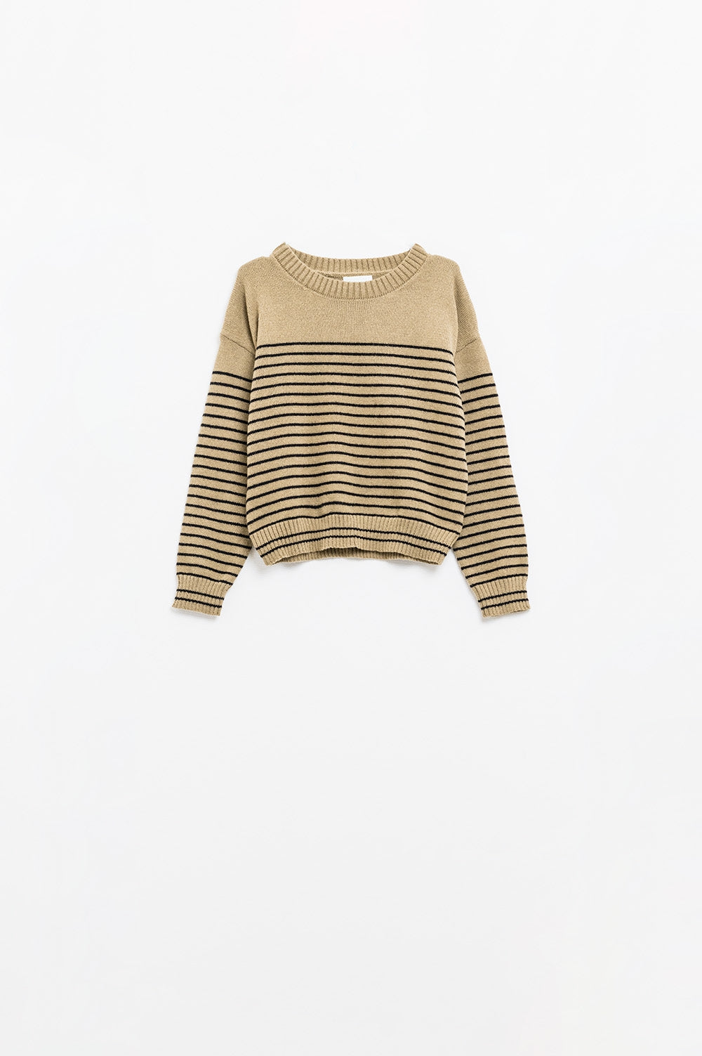 Q2 Maglione beige con strisce nere e collo a barca