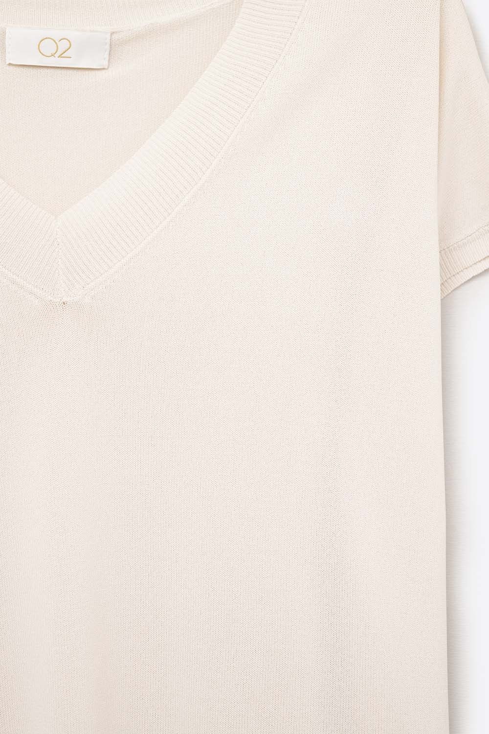Maglione Beige in maglia leggera con scollo a V e maniche corte
