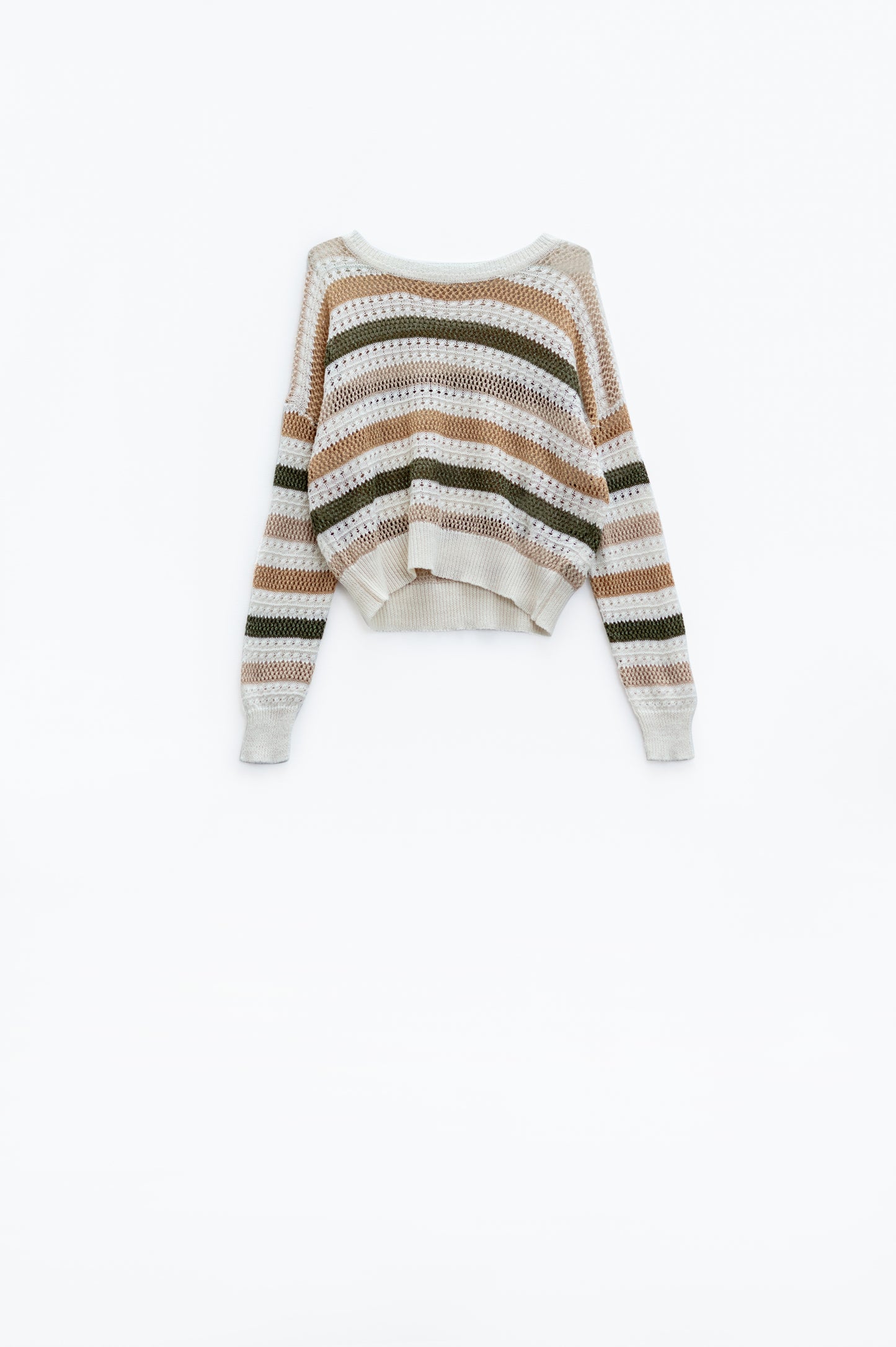 Q2 Maglione bianco all'uncinetto con scollo a barca e maniche lunghe con strisce marroni