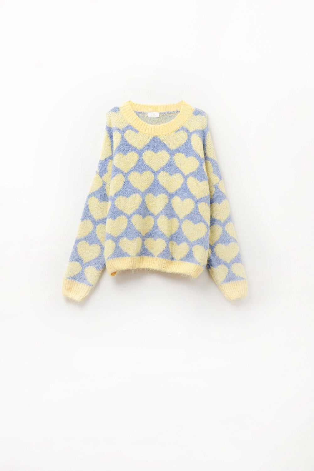 Q2 Maglione blu oversize super morbido con cuori gialli