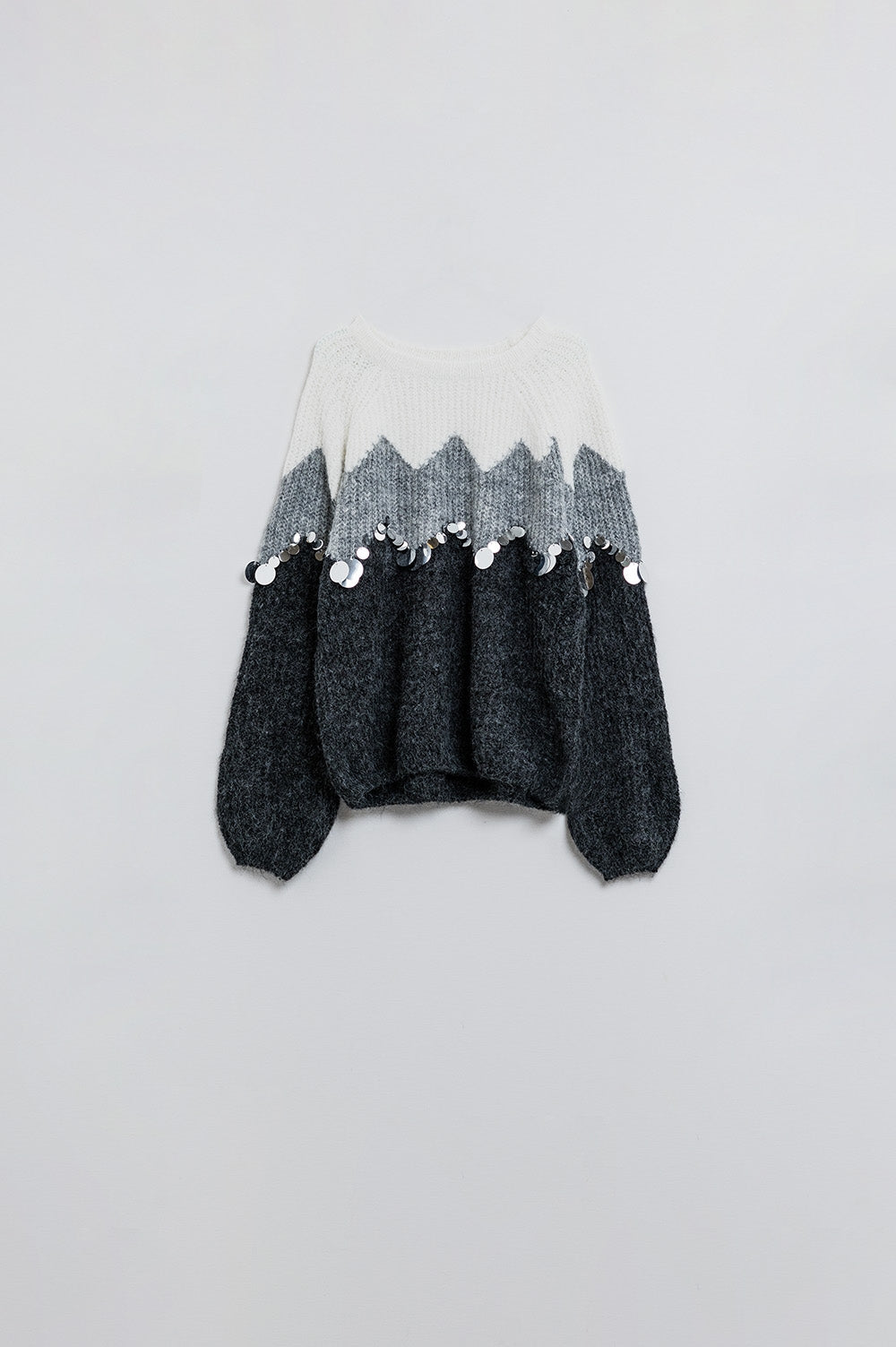 Maglione con motivo a spina di pesce e dettagli in paillettes in grigio