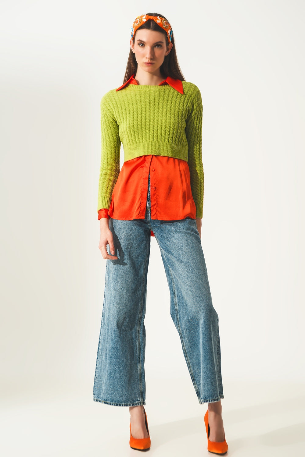 Maglione corto verde lime con motivo a trecce