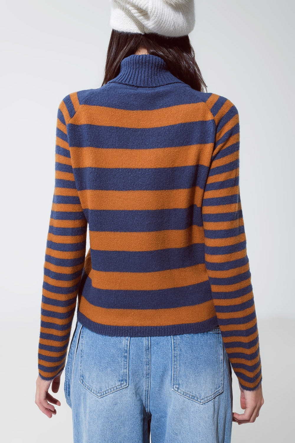 Maglione dolcevita a righe blu e marrone
