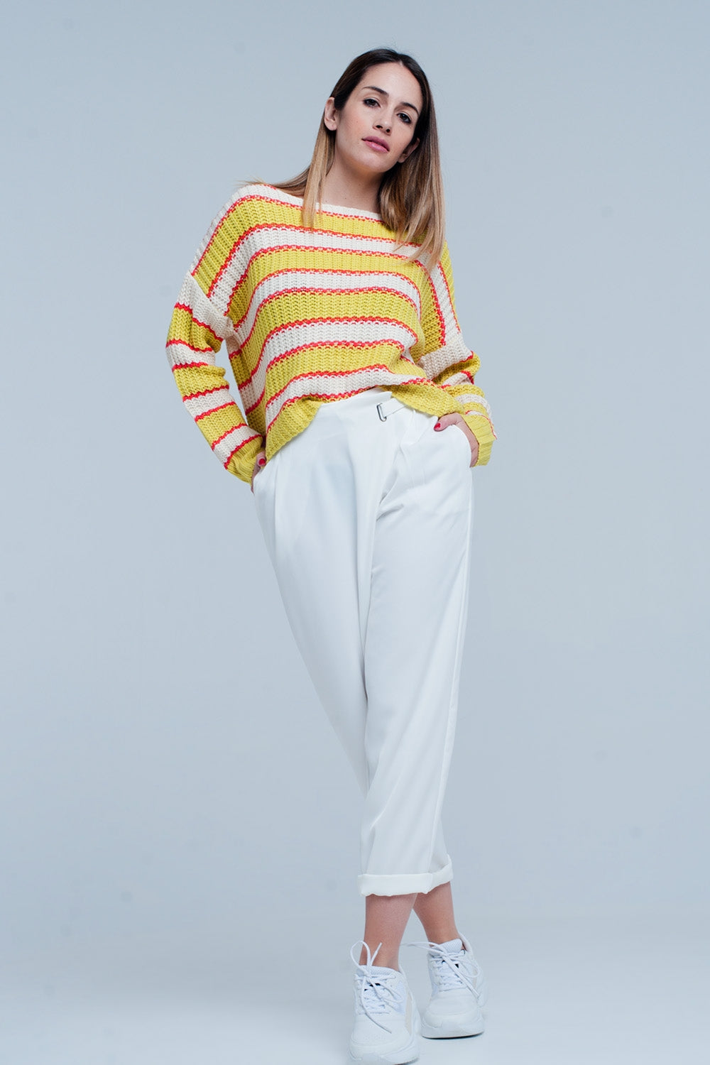 Maglione Giallo a righe con collo ampio