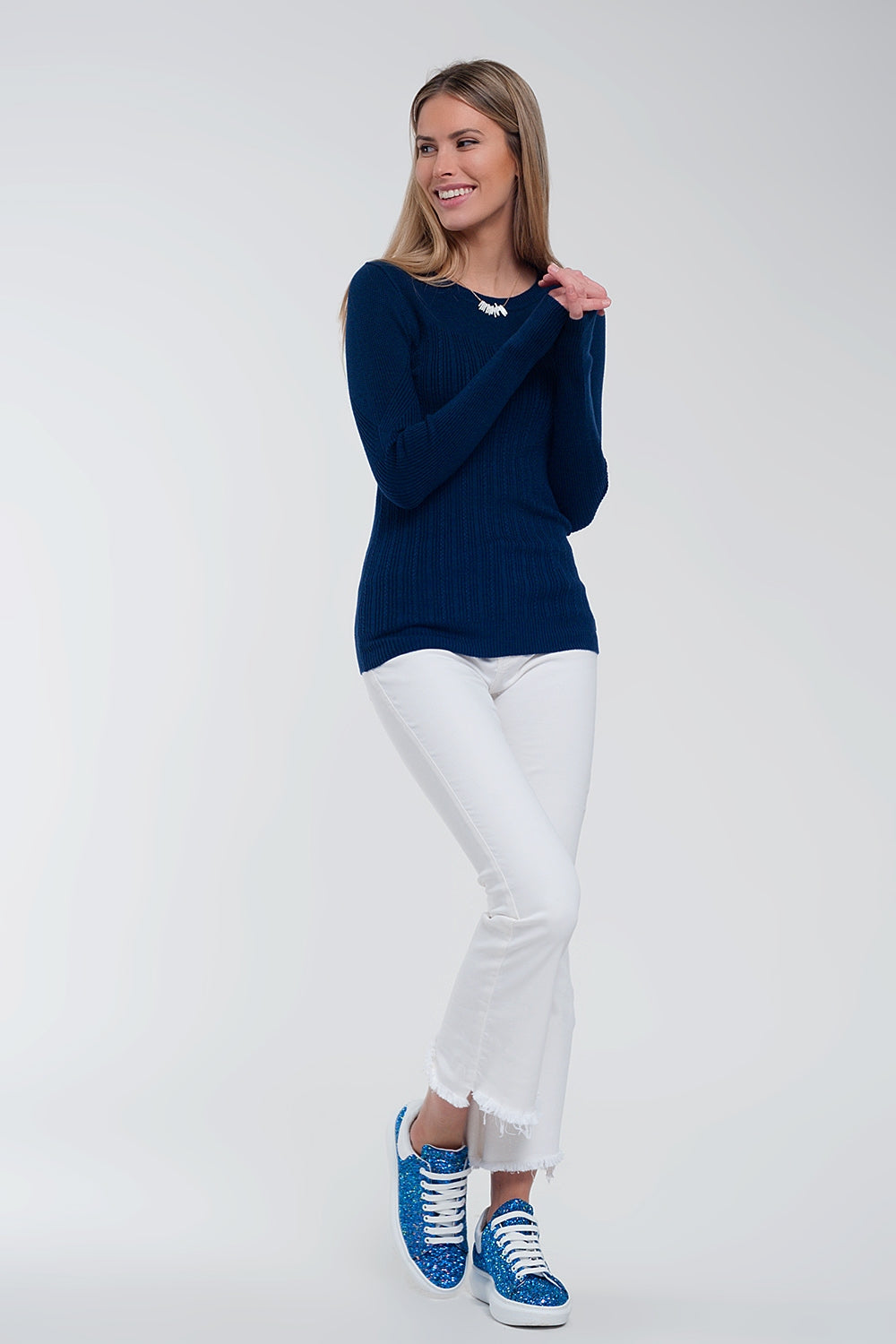 Maglione girocollo a coste color marina