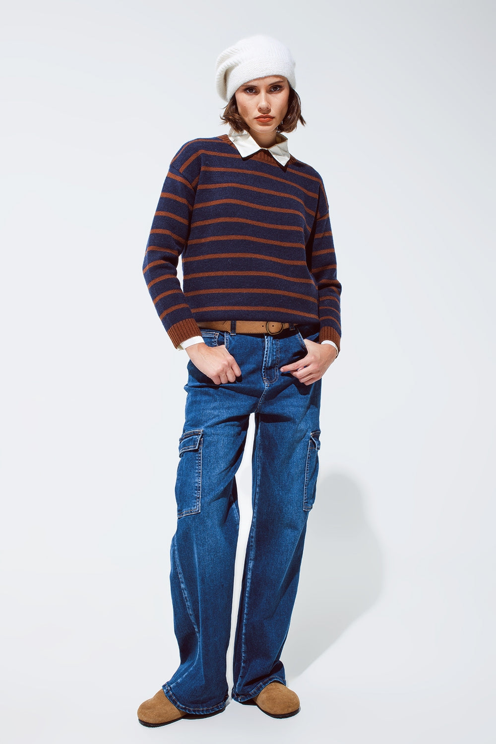 Maglione girocollo a righe in blu e arancio ruggine