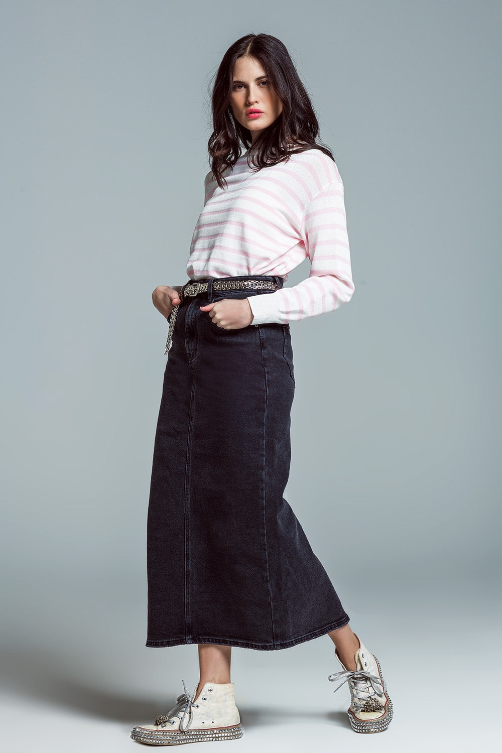 Maglione girocollo Basic Stripe in rosa