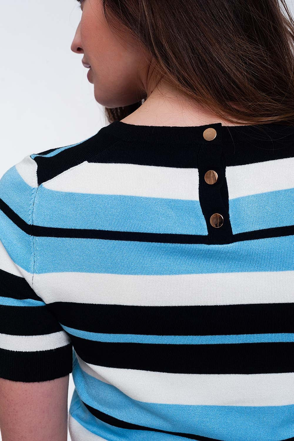 Maglione girocollo squadrato multi righe blu