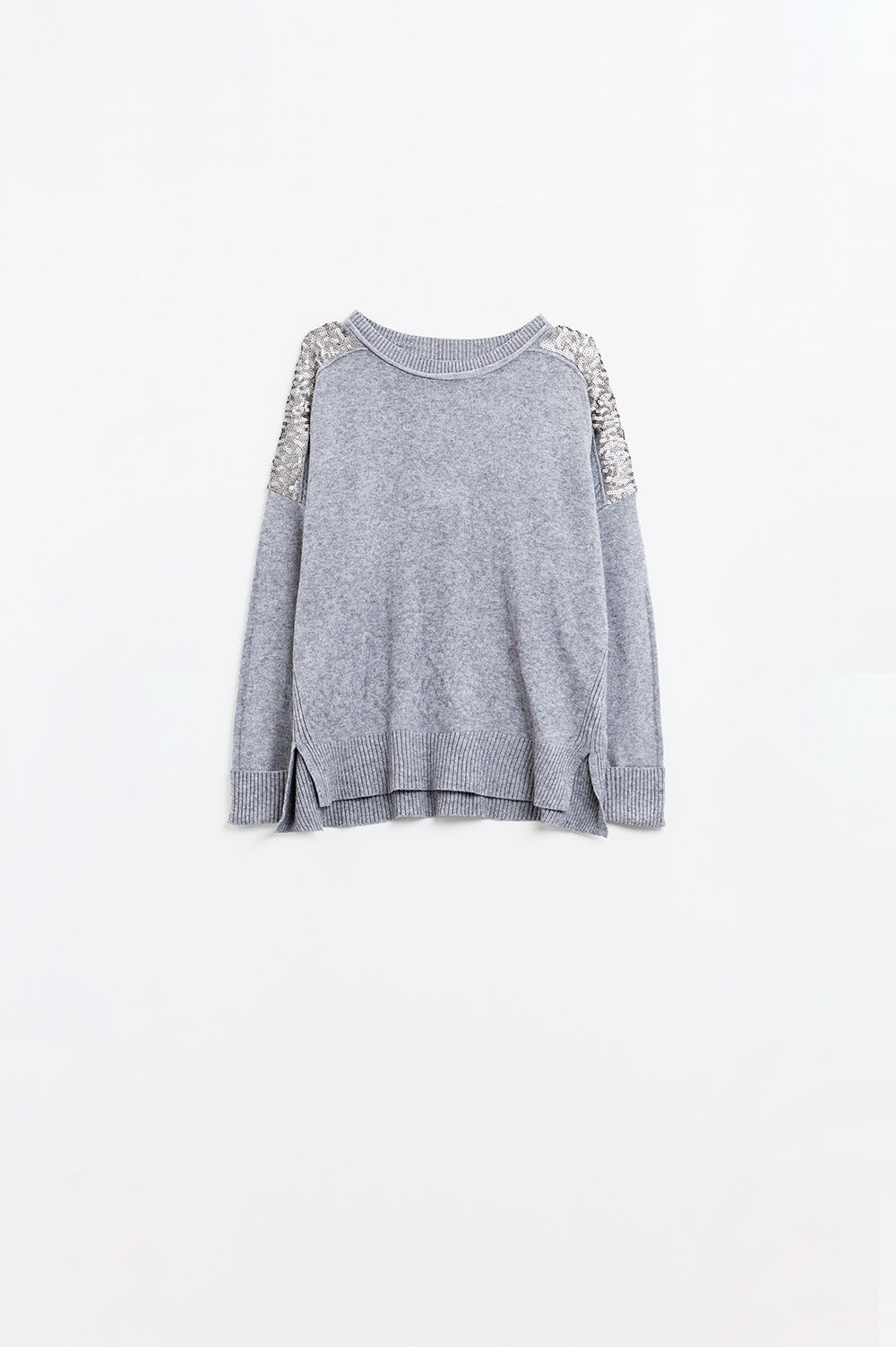 Q2 maglione grigio a maniche lunghe con paillettes sulle spalle