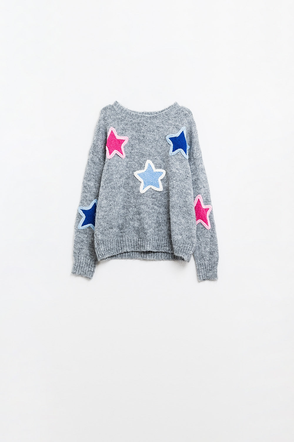 maglione grigio con stelle ricamate