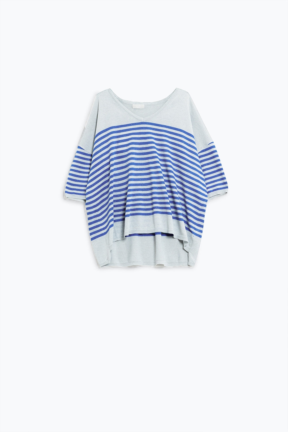 Maglione grigio con strisce blu e scollo a V