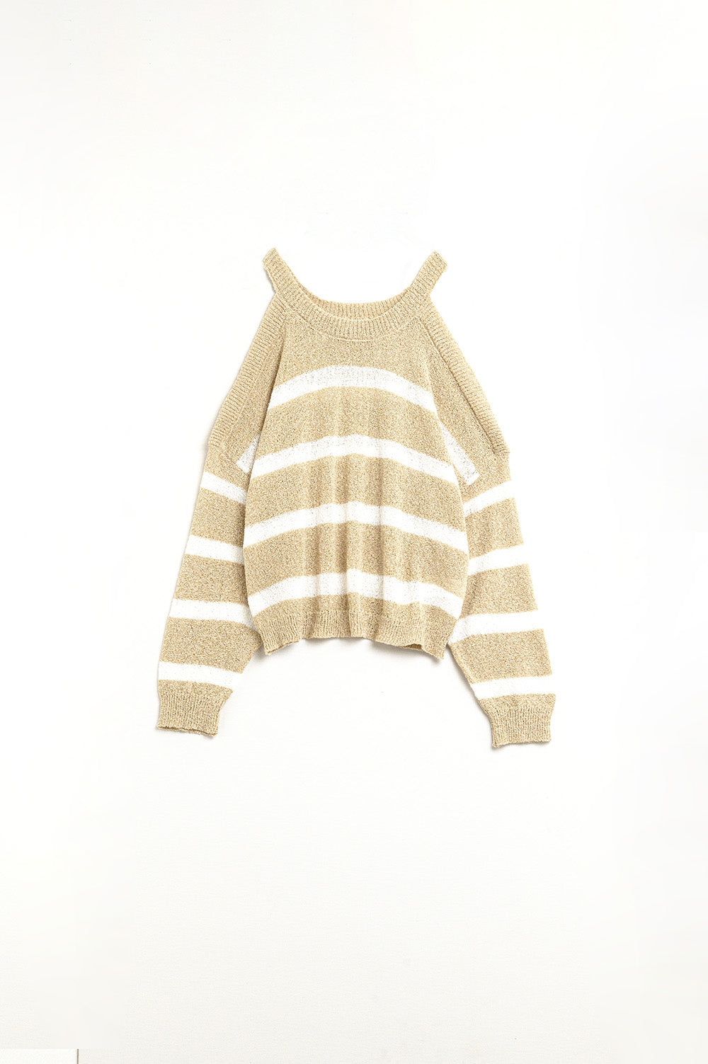 Maglione Heather con Spalle Scoperte e Righe Orizzontali in Beige