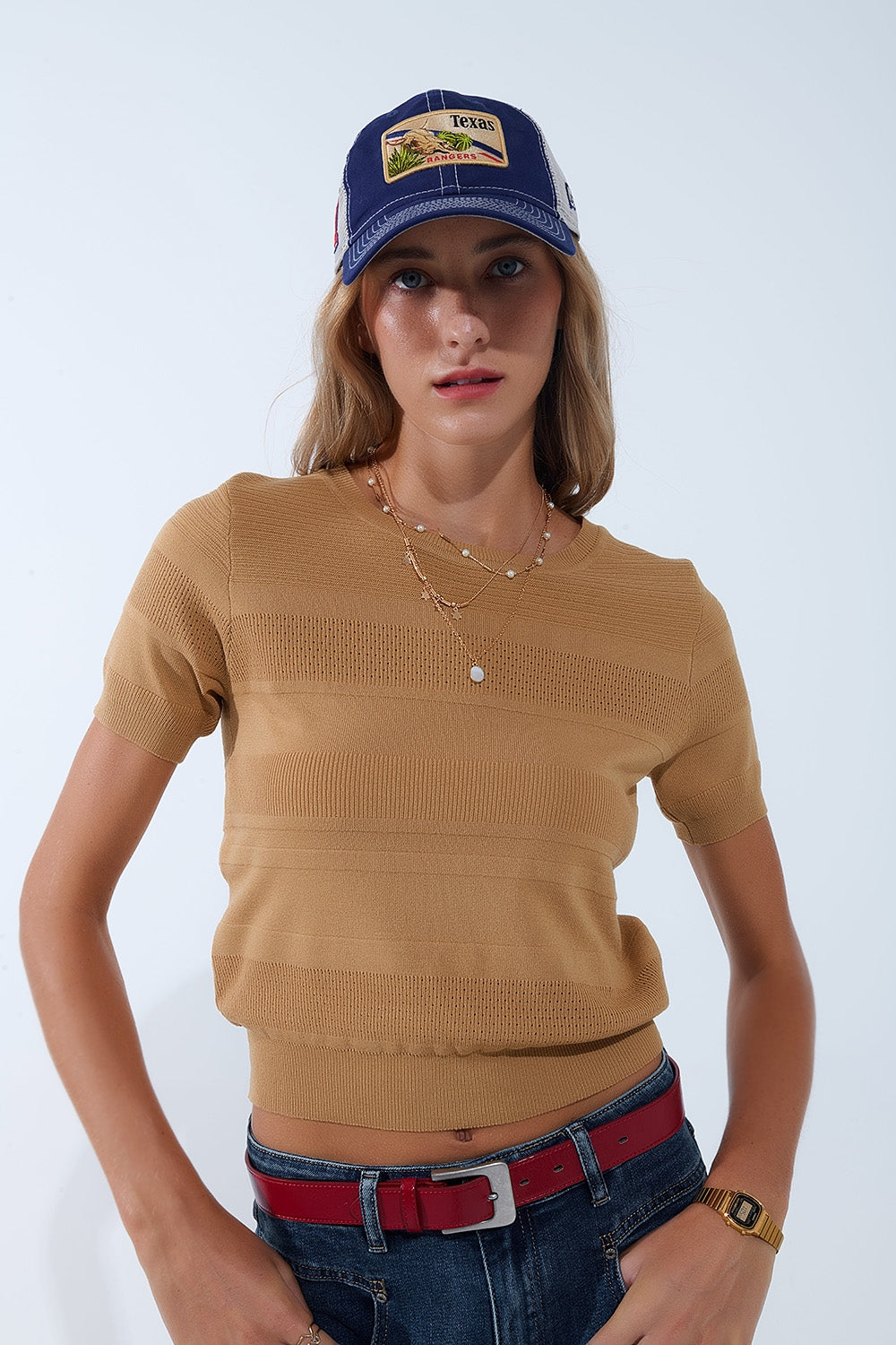 Maglione in maglia a righe testurizzate color cammello