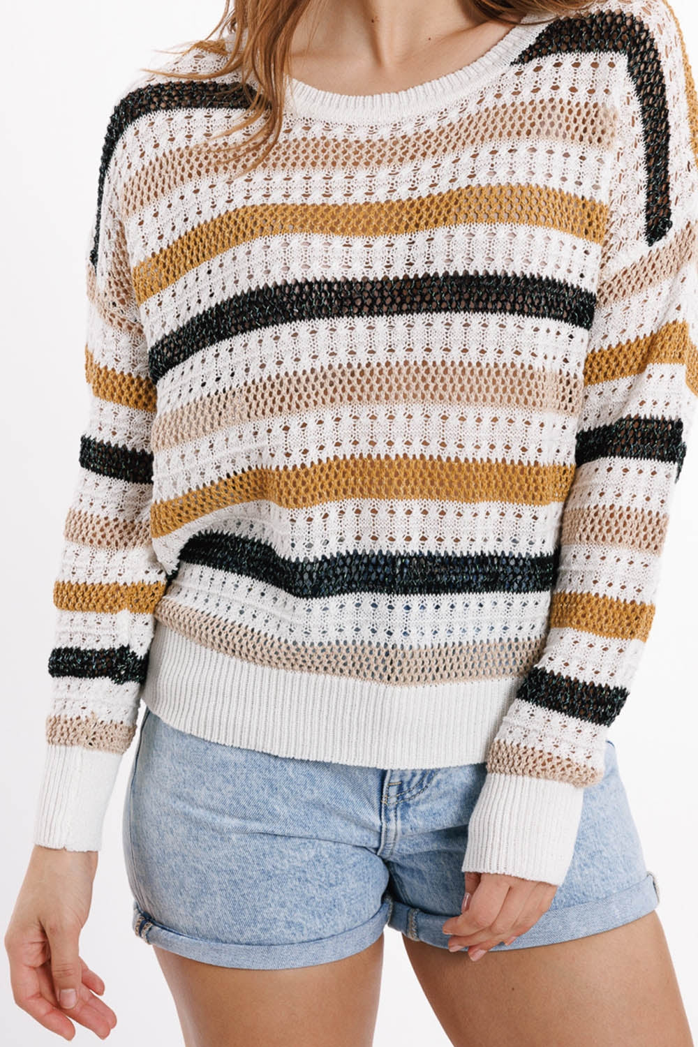 Maglione in maglia bianca a righe multicolori