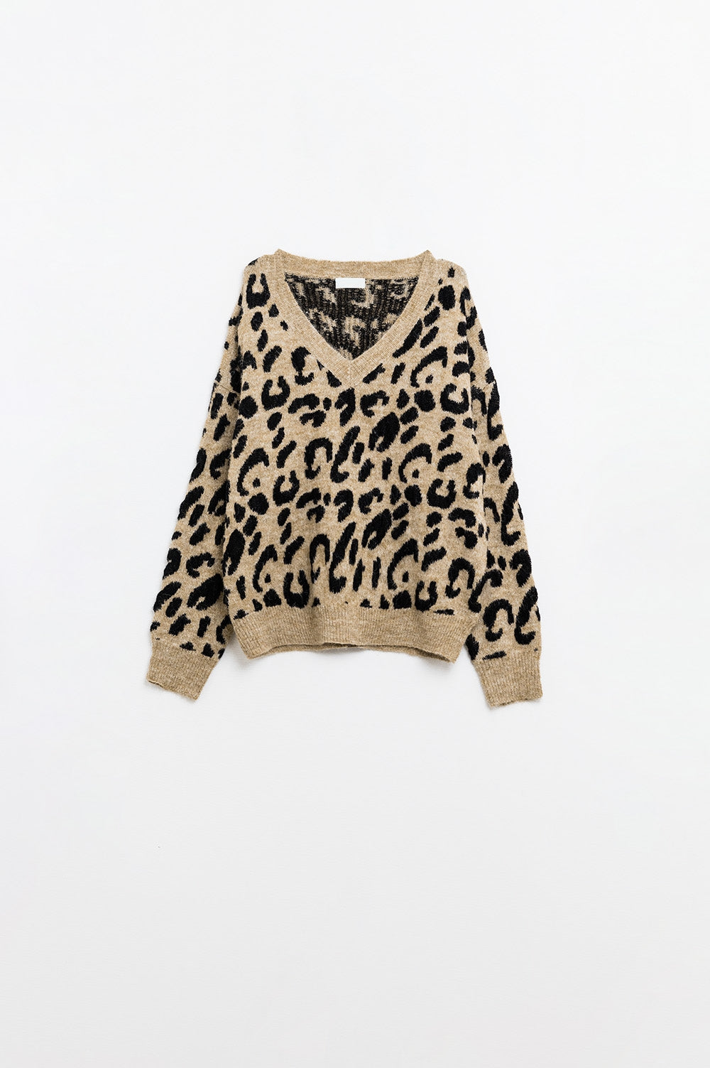 Q2 Maglione in morbida maglia con scollo a V e stampa leopardata