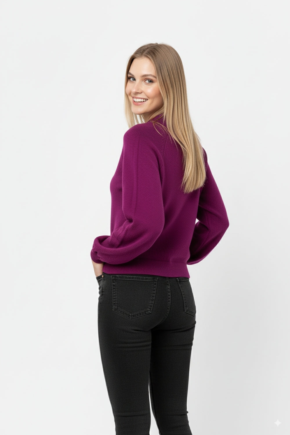 maglione in stile rilassato color melanzana con maniche a palloncino