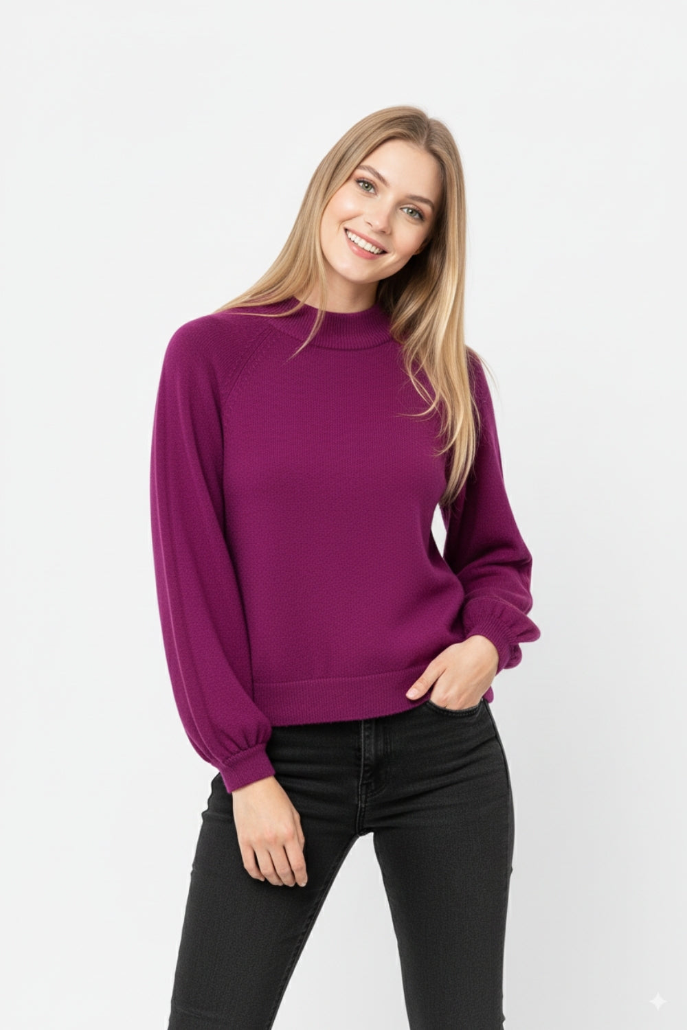 maglione in stile rilassato color melanzana con maniche a palloncino