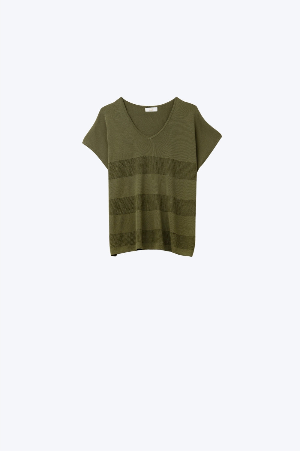 Q2 Maglione kaki con scollo a V e dettaglio punto a aperto