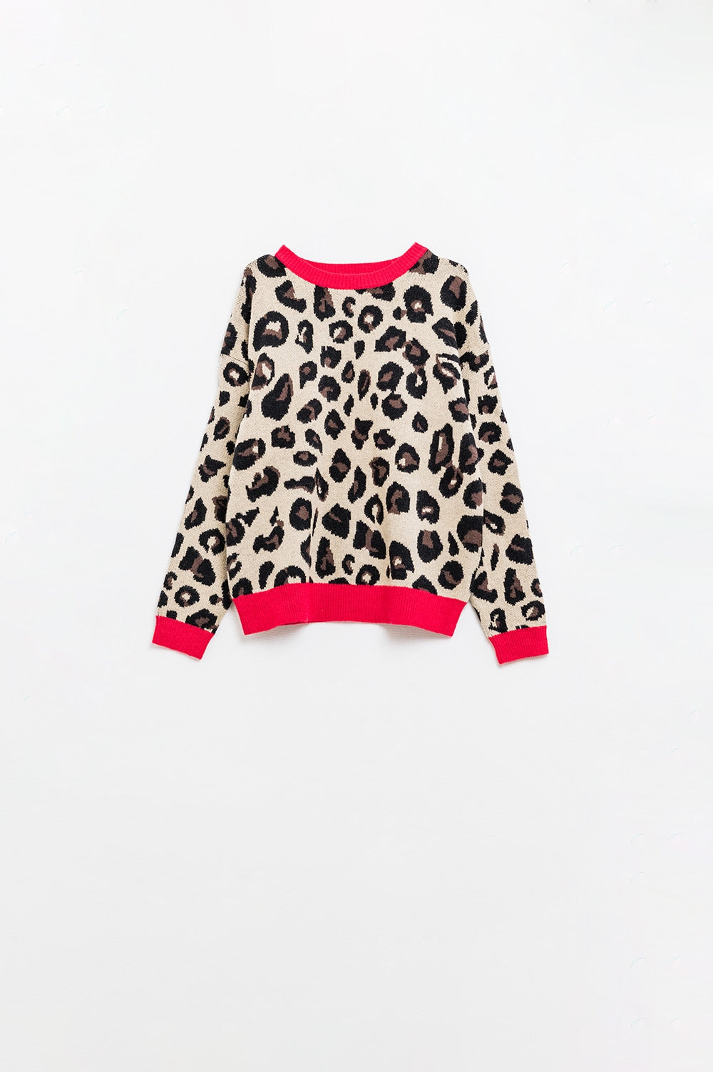 Maglione leopardato con dettaglio rosso sul collo e sulle maniche
