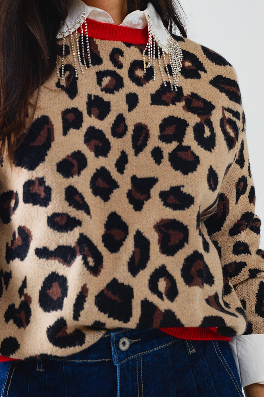 Maglione leopardato con dettaglio rosso sul collo e sulle maniche