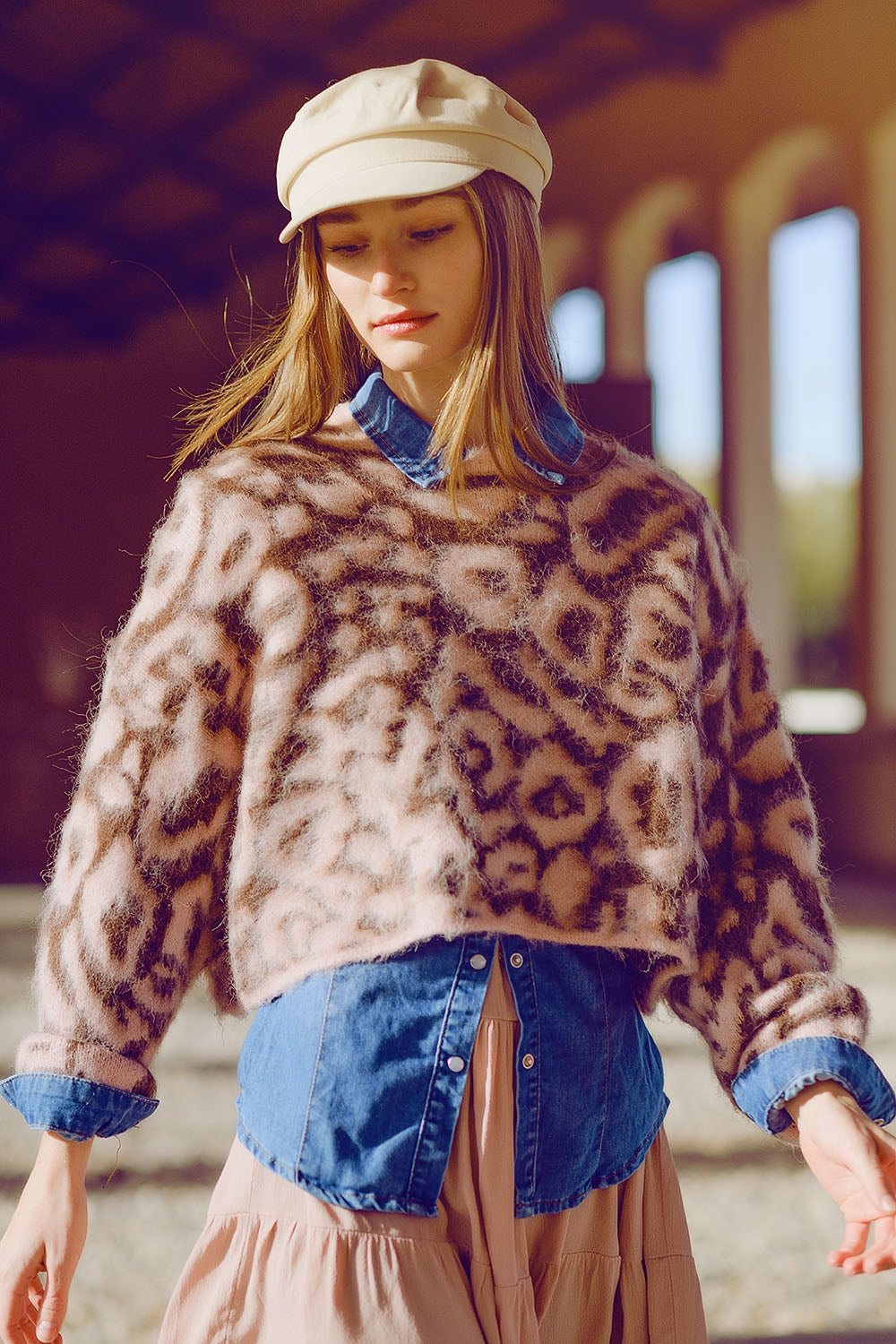 Q2 Maglione leopardato rosa in lana lavorato a maglia